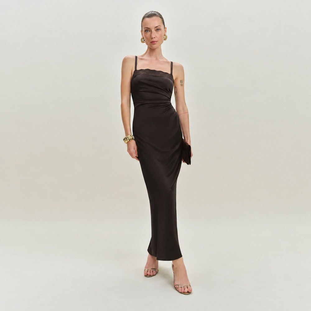 Reformation | Vesper Lace Trim Ruched Satin Maxi Dress Chocolate Brown | Size 2